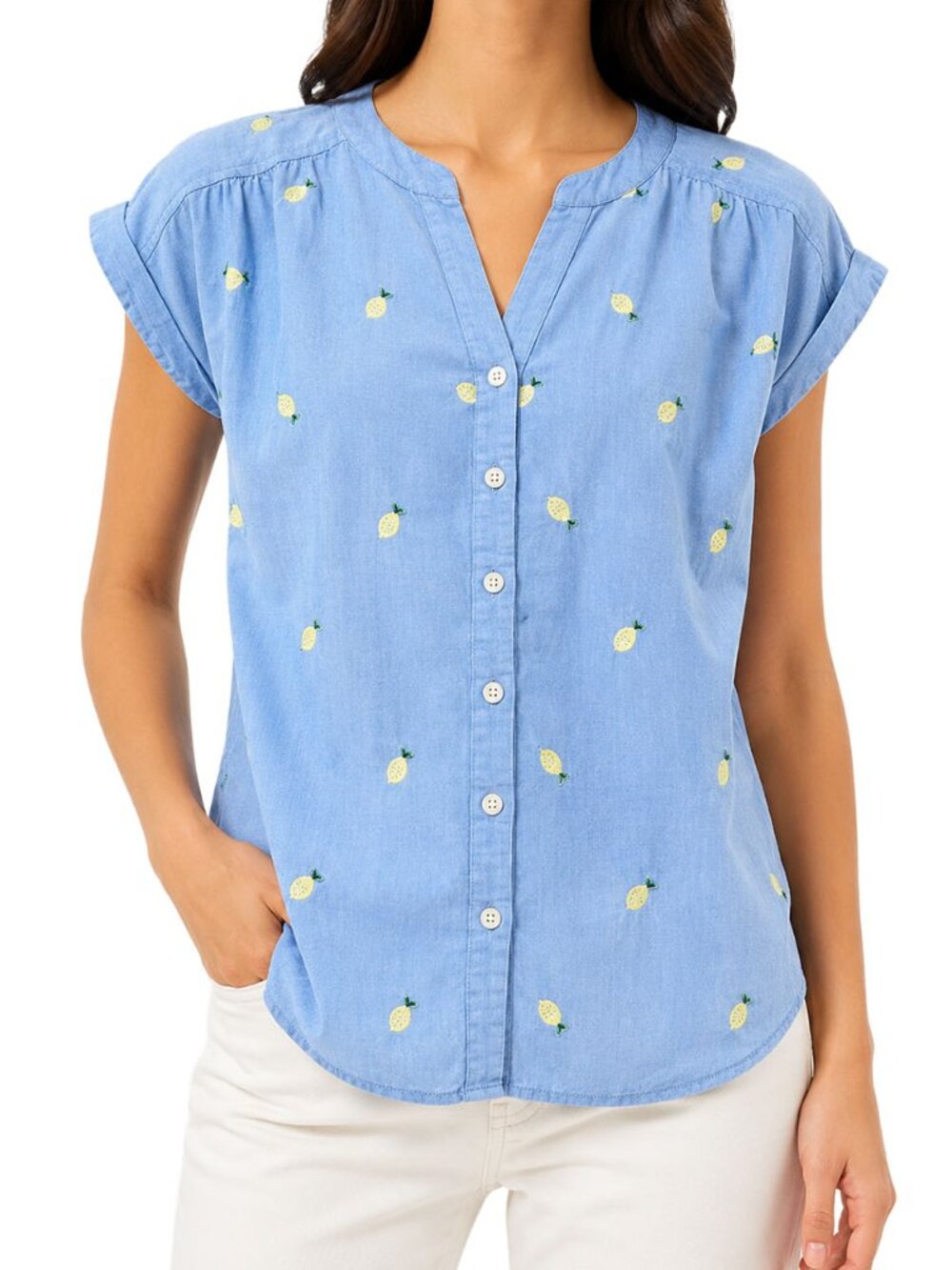 LOFT Petites Blue Pineapple Embroidered Cotton Button Down Shirt XXSP